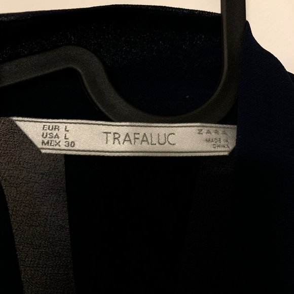 Zara Trafaluc Navy Blue Tie-Neck Sheer Button-up Long-Sleeve Blouse (US Size L) - Picture 5 of 9